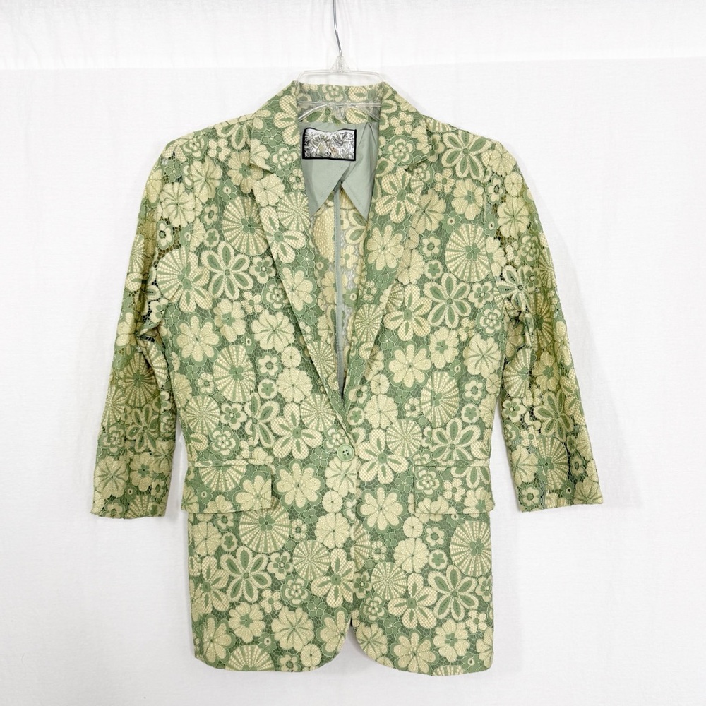 Alex Vinash New York Floral Lace Overlay Blazer Jacket, Size Medium, Green